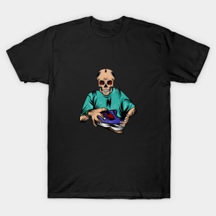 vector image with a person with a skull head holding a shoe T-Shirt